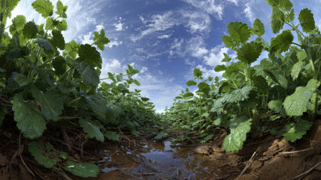 A panoramic wide view of Catnip field growing closely together after rain wet leaves reflecting soft...