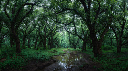 A panoramic wide view of forest growing closely together after rain wet leaves reflecting soft light...