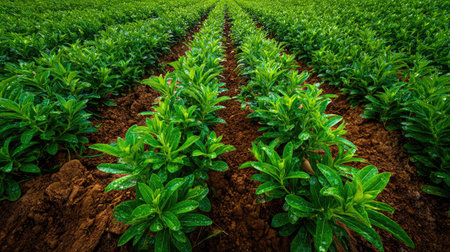 A panoramic wide view of Angelonia field growing closely together after rain wet leaves reflecting...