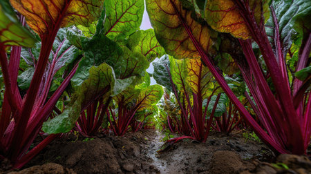 A panoramic wide view of Beetroot field growing closely together after rain wet leaves reflecting soft light fresh soil visible ultra realistic photography cinematic wide composition lifelike natural sceneの写真素材