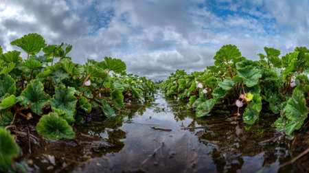 A panoramic wide view of Begonia field growing closely together after rain wet leaves reflecting...