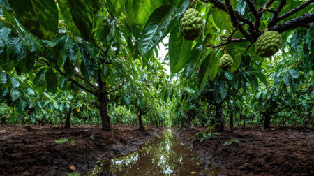 A panoramic wide view of Cherimoya field growing closely together after rain wet leaves reflecting...