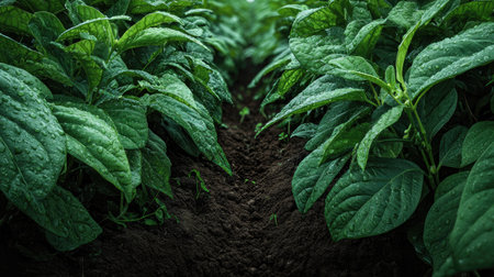 A panoramic wide view of Green bean field growing closely together after rain wet leaves reflecting...