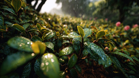 A panoramic wide view of Camellia field growing closely together after rain wet leaves reflecting...