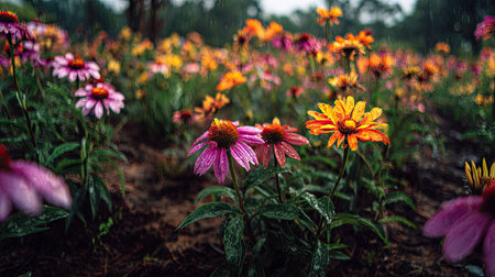 A panoramic wide view of Echinacea field growing closely together after rain wet leaves reflecting...