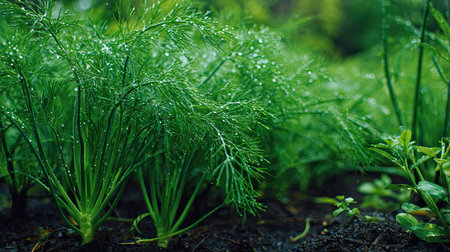 A panoramic wide view of Dill garden growing closely together after rain wet leaves reflecting soft...