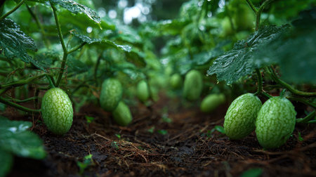 A panoramic wide view of Cucamelon field growing closely together after rain wet leaves reflecting...