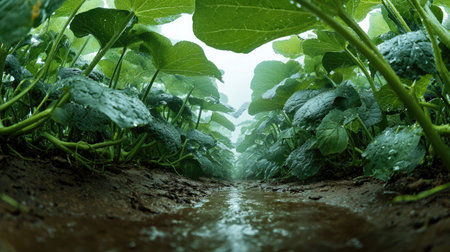A panoramic wide view of Cucumber field growing closely together after rain wet leaves reflecting...