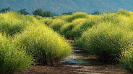 A panoramic wide view of Ephedra field growing closely together after rain wet leaves reflecting soft light fresh soil visible ultra realistic photography cinematic wide composition lifelike natural sceneの写真素材