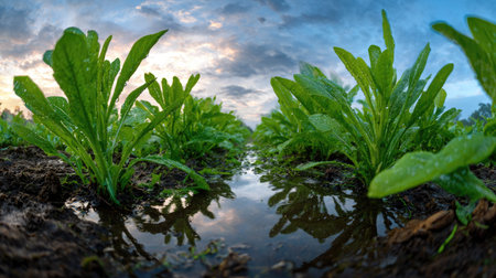 A panoramic wide view of Guar field growing closely together after rain wet leaves reflecting soft...