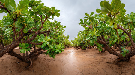 A panoramic wide view of Desert rose garden growing closely together after rain wet leaves...