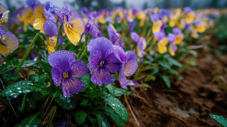 A panoramic wide view of Pansy field growing closely together after rain wet leaves reflecting soft...