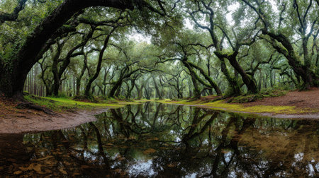 A panoramic wide view of Live oak forest growing closely together after rain wet leaves reflecting...