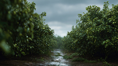 A panoramic wide view of Mirabelle field growing closely together after rain wet leaves reflecting...