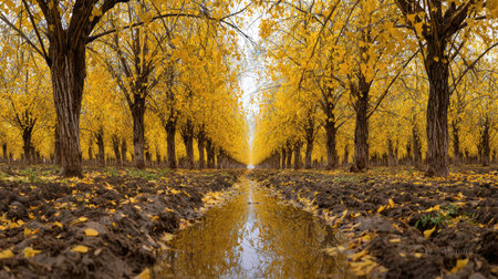 A panoramic wide view of Ginkgo field growing closely together after rain wet leaves reflecting soft...