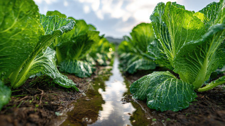 A panoramic wide view of Napa cabbage field growing closely together after rain wet leaves...
