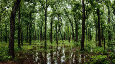 A panoramic wide view of Oak forest growing closely together after rain wet leaves reflecting soft...