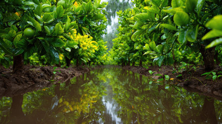 A panoramic wide view of Lemon peel orchard growing closely together after rain wet leaves...