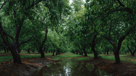 A panoramic wide view of Plum orchard growing closely together after rain wet leaves reflecting soft...