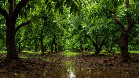 A panoramic wide view of Nutmeg tree field growing closely together after rain wet leaves reflecting...