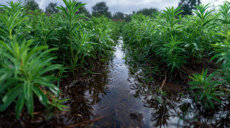 A panoramic wide view of Mugwort field growing closely together after rain wet leaves reflecting...