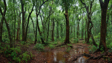 A panoramic wide view of Cuban mahogany forest growing closely together after rain wet leaves...