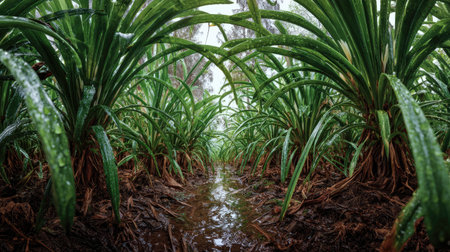 A panoramic wide view of Crinum field growing closely together after rain wet leaves reflecting soft...