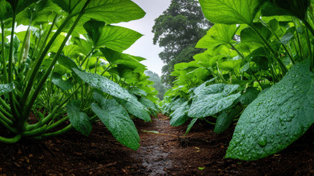 A panoramic wide view of Moonflower garden growing closely together after rain wet leaves reflecting...