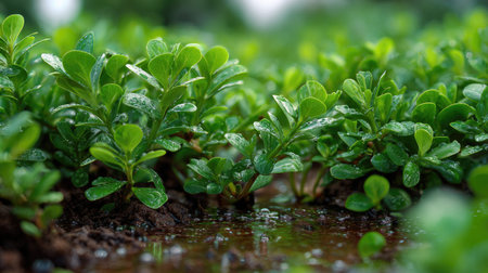 A panoramic wide view of Purslane field growing closely together after rain wet leaves reflecting...