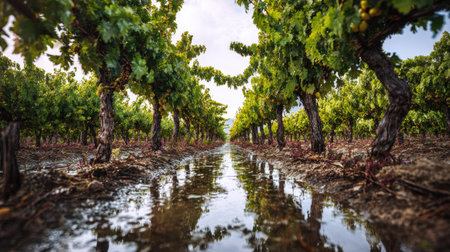 A panoramic wide view of vineyard growing closely together after rain wet leaves reflecting soft...