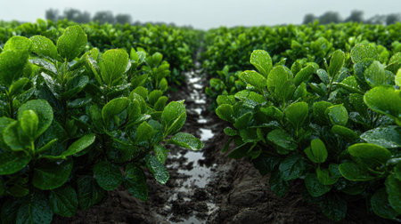 A panoramic wide view of Mulberry black field growing closely together after rain wet leaves...
