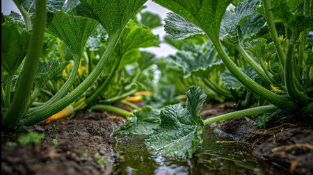 A panoramic wide view of Zucchini field growing closely together after rain wet leaves reflecting...