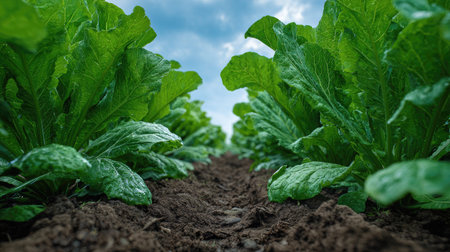 A panoramic wide view of Sugar beet field growing closely together after rain wet leaves reflecting...