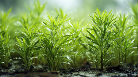 A panoramic wide view of Tarragon garden growing closely together after rain wet leaves reflecting...