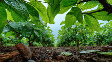 A panoramic wide view of Santol field growing closely together after rain wet leaves reflecting soft...
