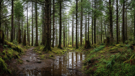 A panoramic wide view of Sitka spruce forest growing closely together after rain wet leaves...