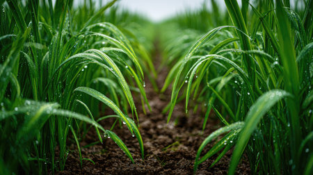 A panoramic wide view of Spelt field growing closely together after rain wet leaves reflecting soft...