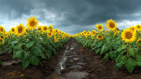 A panoramic wide view of sunflower field growing closely together after rain wet leaves reflecting...