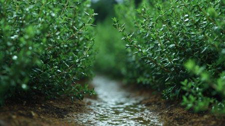 A panoramic wide view of Thyme garden growing closely together after rain wet leaves reflecting soft...