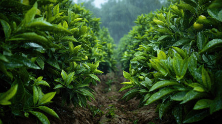 A panoramic wide view of Ugli fruit field growing closely together after rain wet leaves reflecting...