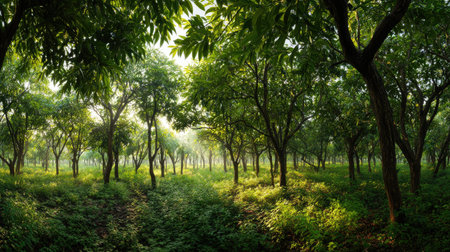 A panoramic wide view of Agarwood field growing closely together at dawn gentle morning light...