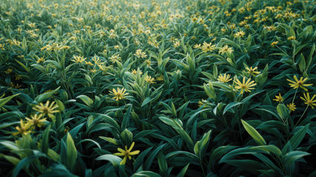 A panoramic wide view of Arnica field growing closely together at dawn gentle morning light...
