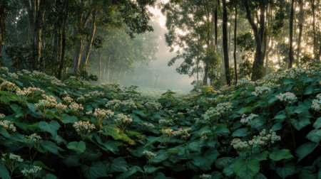 A panoramic wide view of Clerodendrum field growing closely together at dawn gentle morning light...