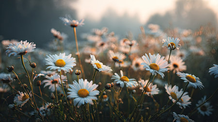A panoramic wide view of Daisy meadow growing closely together at dawn gentle morning light...