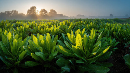 A panoramic wide view of Chicory field growing closely together at dawn gentle morning light illuminating fresh leaves ultra realistic photography cinematic wide composition lifelike natural sceneの写真素材