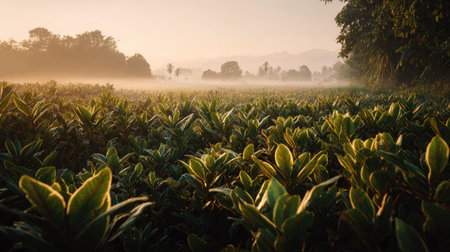 A panoramic wide view of Coir field growing closely together at dawn gentle morning light illuminating fresh leaves ultra realistic photography cinematic wide composition lifelike natural sceneの写真素材