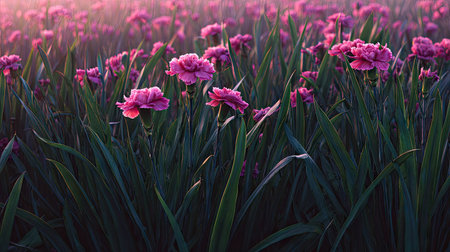 A panoramic wide view of Carnation field growing closely together at dawn gentle morning light...