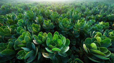 A panoramic wide view of Kalanchoe field growing closely together at dawn gentle morning light...