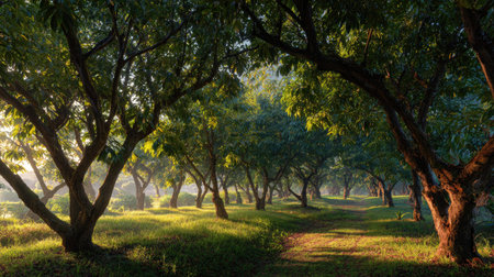 A panoramic wide view of Lychee orchard growing closely together at dawn gentle morning light...