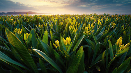 A panoramic wide view of Freesia field growing closely together at dawn gentle morning light...